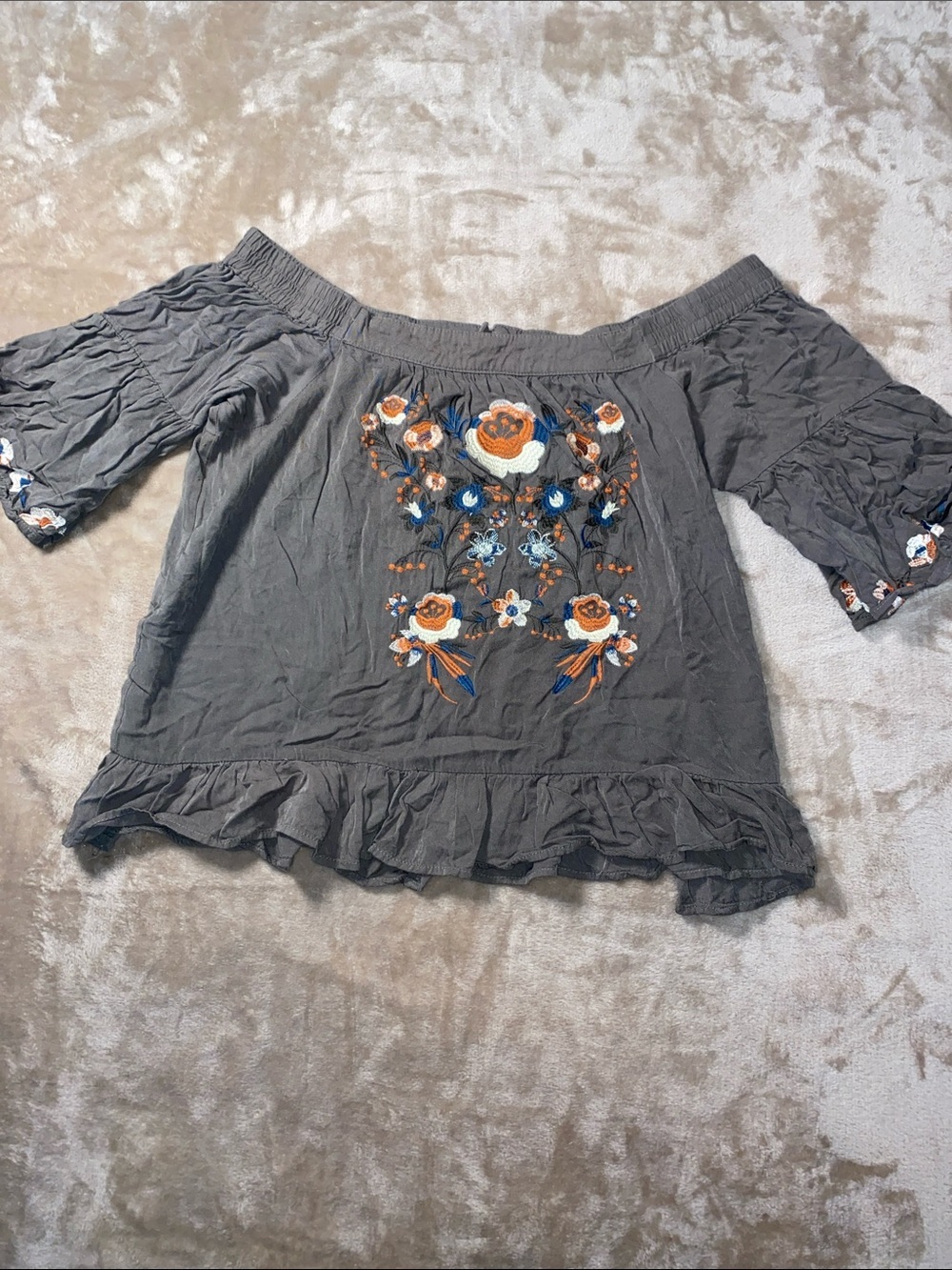 Altar’d State Off Shoulder Peasant Embroidered Floral Blouse Olive Grey